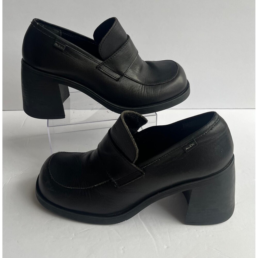 Vintage ALDO Black Leather Loafers Chunky Block Heel Slip On EU 38 Y2K